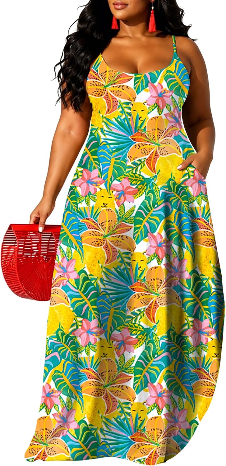 UOUA Hawaiian Dresses Women Plus Size Luau Party Sundress Summer Maxi Tropical Boho Beach Dress