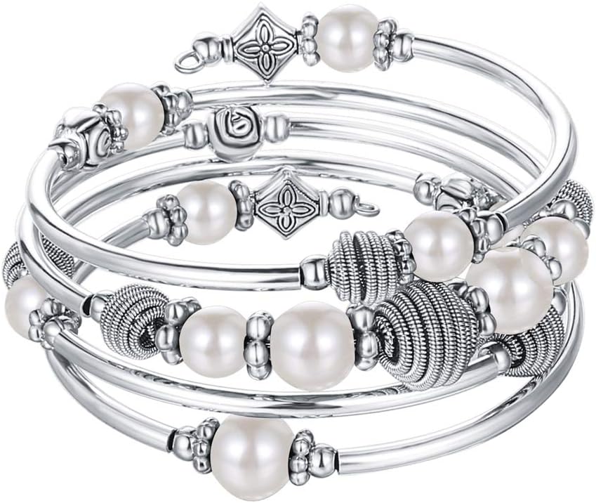 PEARL&CLUB Beaded Chakra Bangle Turquoise Bracelet - Fashion Jewelry Wrap Bracelet with Thick Silver Metal and Mala Beads, Birthday Gifts For Women