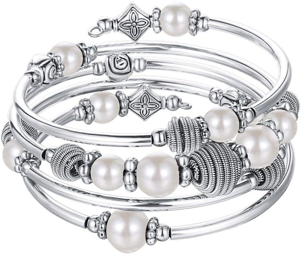PEARL&CLUB Beaded Chakra Bangle Turquoise Bracelet - Fashion Jewelry Wrap Bracelet with Thick Silver Metal and Mala Beads, Birthday Gifts For Women