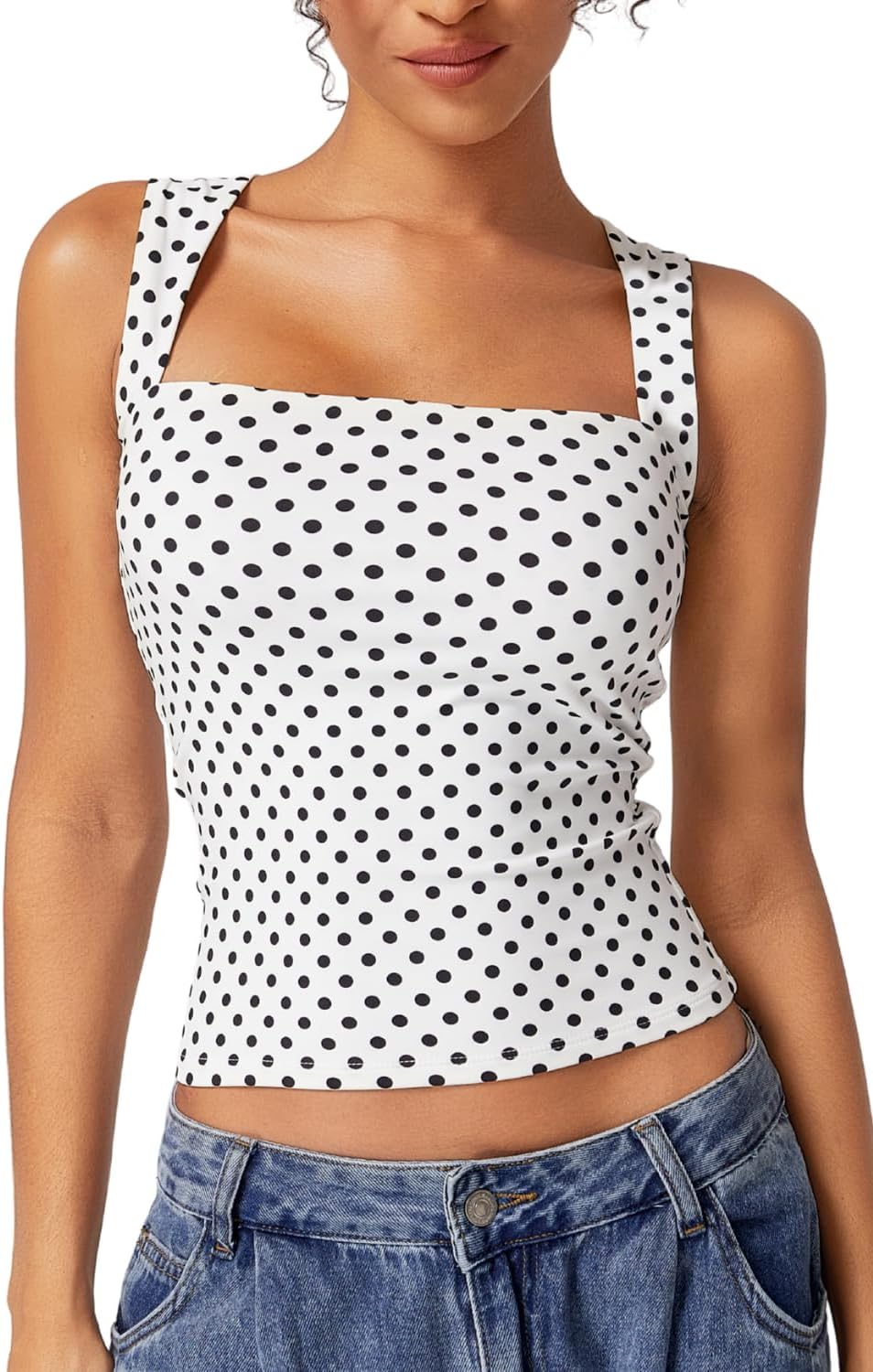 QINSEN Women's Square Neck Sleeveless Double-Layer Tank Tops Basic Tight T Shirts