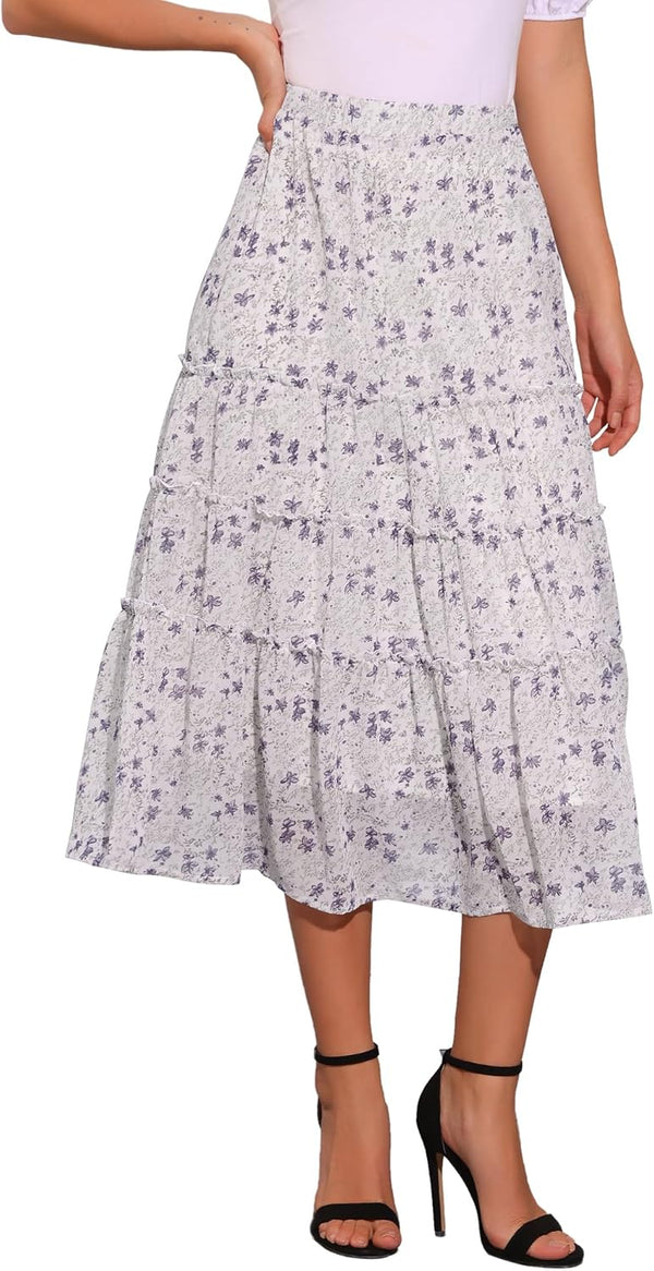 Allegra K Women's Floral Skirt Chiffon A-line Long Tiered Ruffle Maxi Skirt