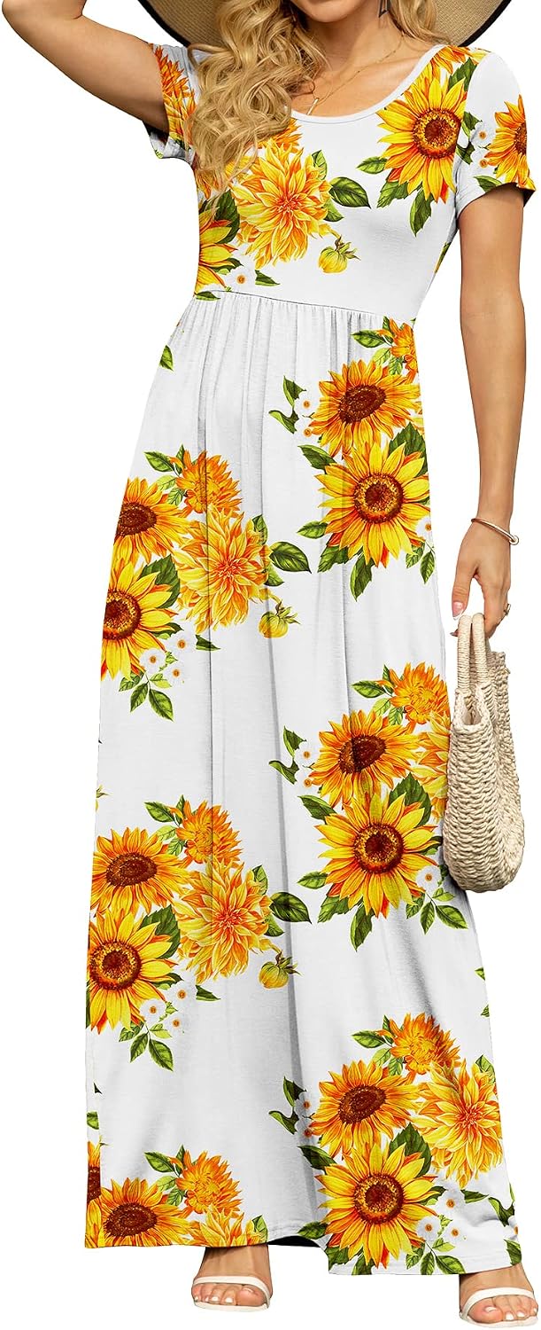 DB MOON Women's Summer Maxi Dress Casual Short Sleeve Empire Waist Pockets