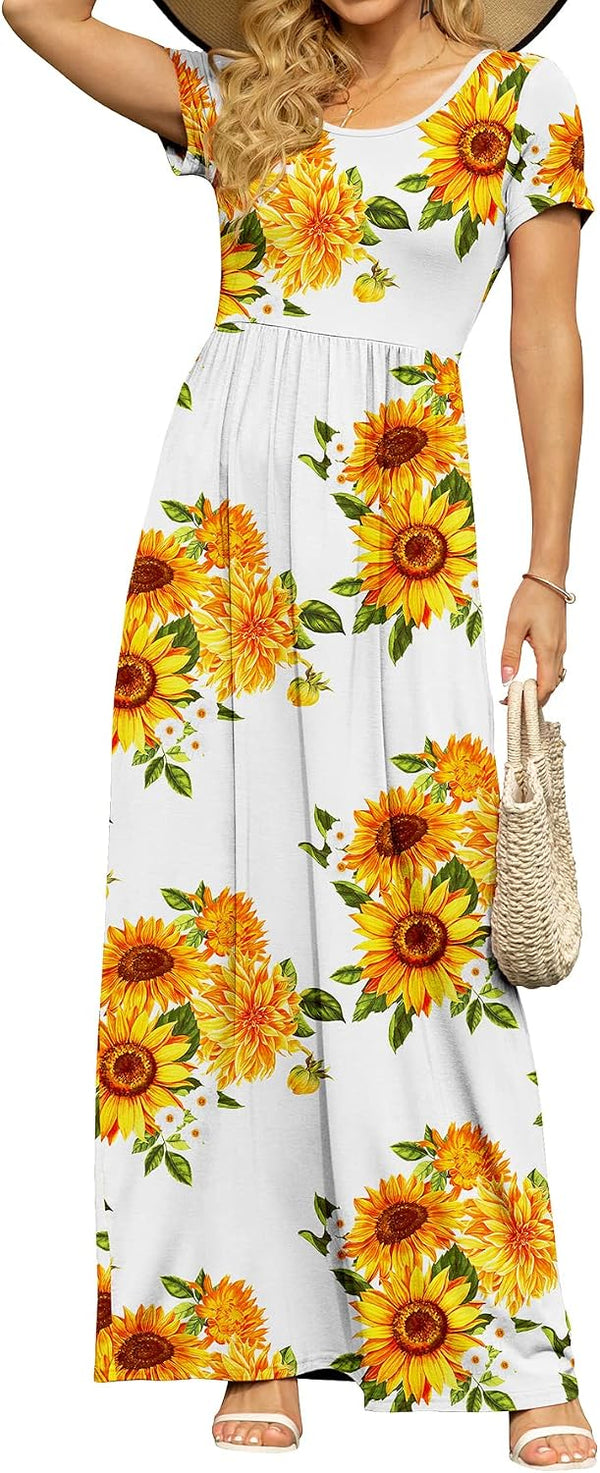 DB MOON Women's Summer Maxi Dress Casual Short Sleeve Empire Waist Pockets