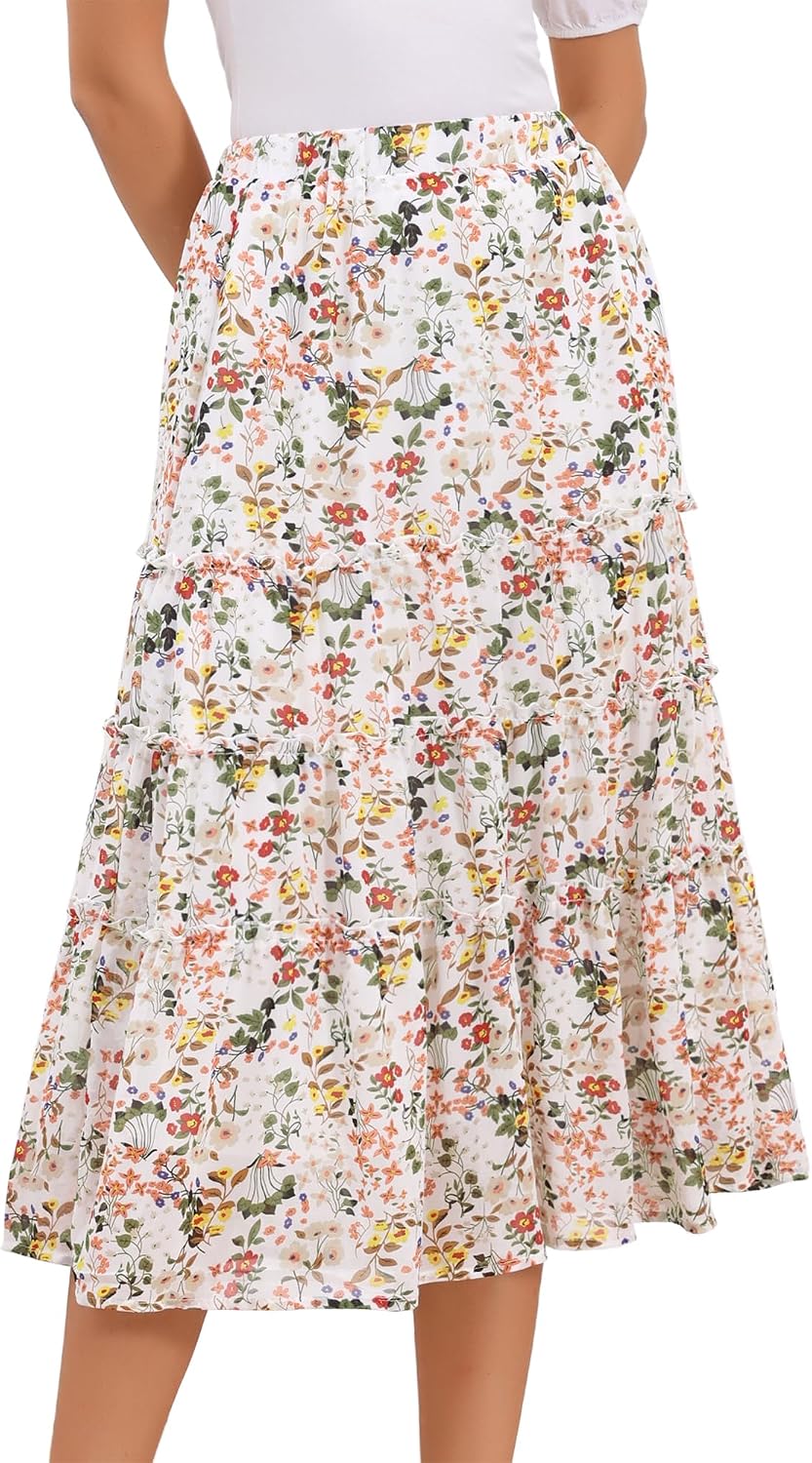 Allegra K Women's Floral Skirt Chiffon A-line Long Tiered Ruffle Maxi Skirt