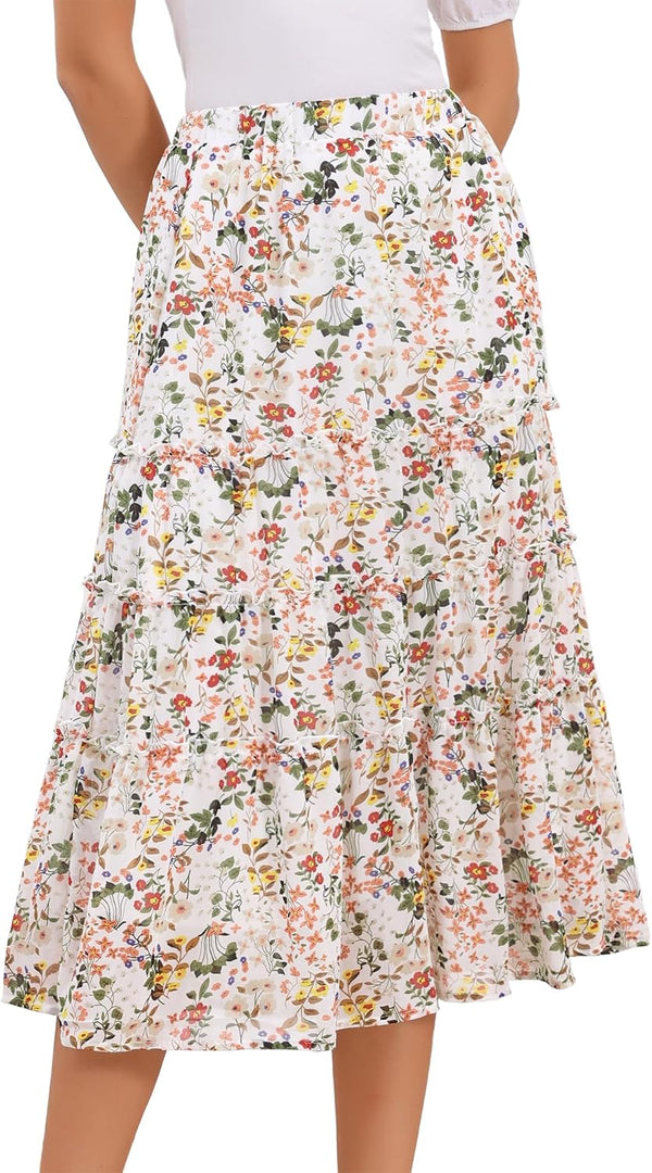 Allegra K Women's Floral Skirt Chiffon A-line Long Tiered Ruffle Maxi Skirt