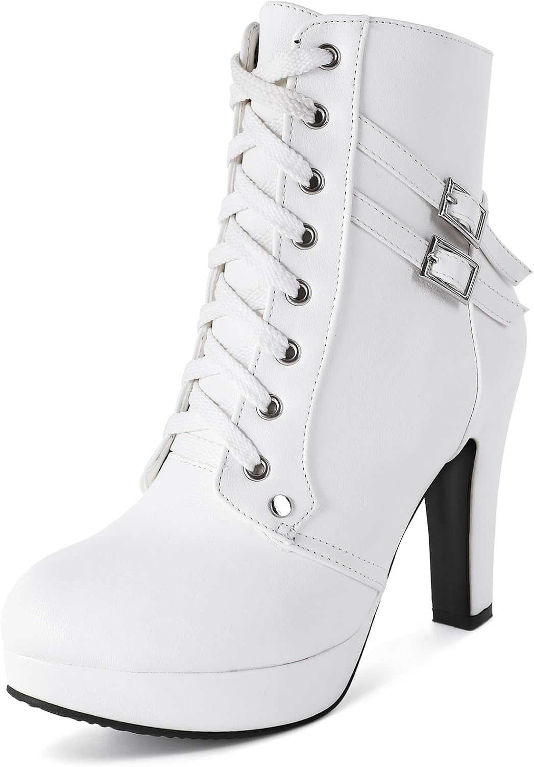 High Heel Boots for Women,Womens Platform Boot Heels Sexy Round Toe Lace UP High Heels Mid Calf Boots