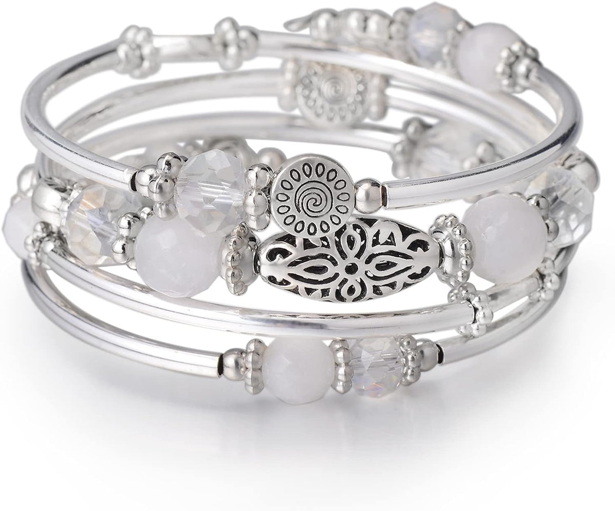 Stackable Beaded Bracelets for Women Boho Wrap Silver Bracelet Layered Fashion Jewelry Gifts for Her