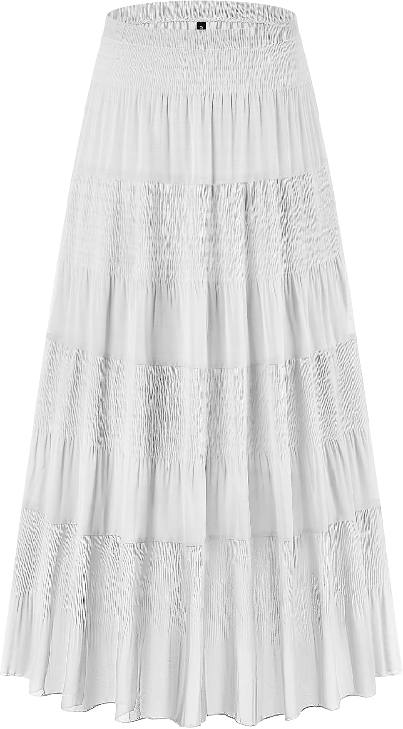 CYiNu Women's Chiffon Elastic High Waist Tiered Pleated Floral Printed A-Line Boho Long Maxi Skirts