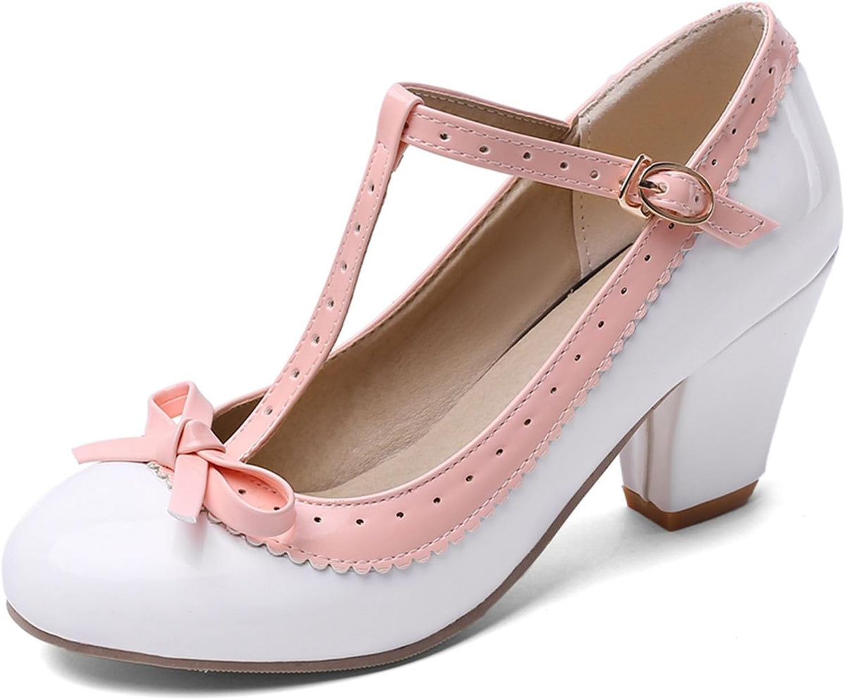 Bellirala Womens Rockabilly Shoes T-Strap Mary Jane Block High Heel Closed Toe Pumps