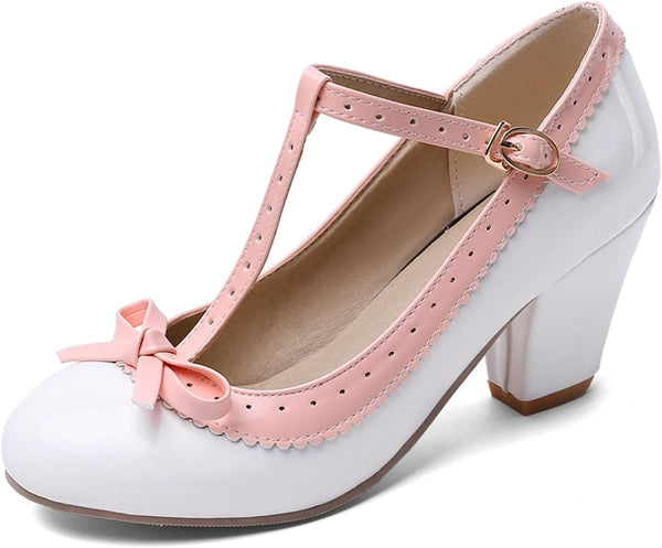 Bellirala Womens Rockabilly Shoes T-Strap Mary Jane Block High Heel Closed Toe Pumps