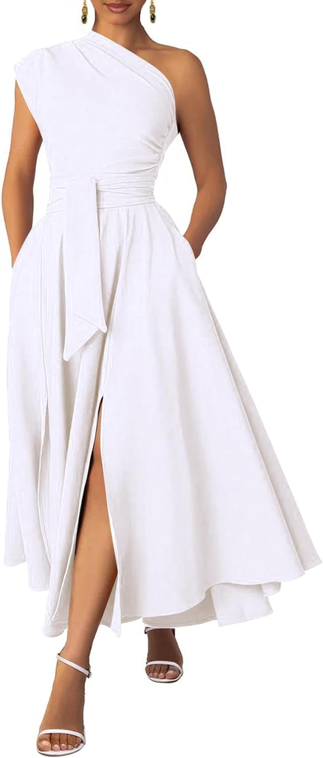 Ekaliy Women's One Shoulder Belted Maxi Dress Formal Wedding Guest Dress