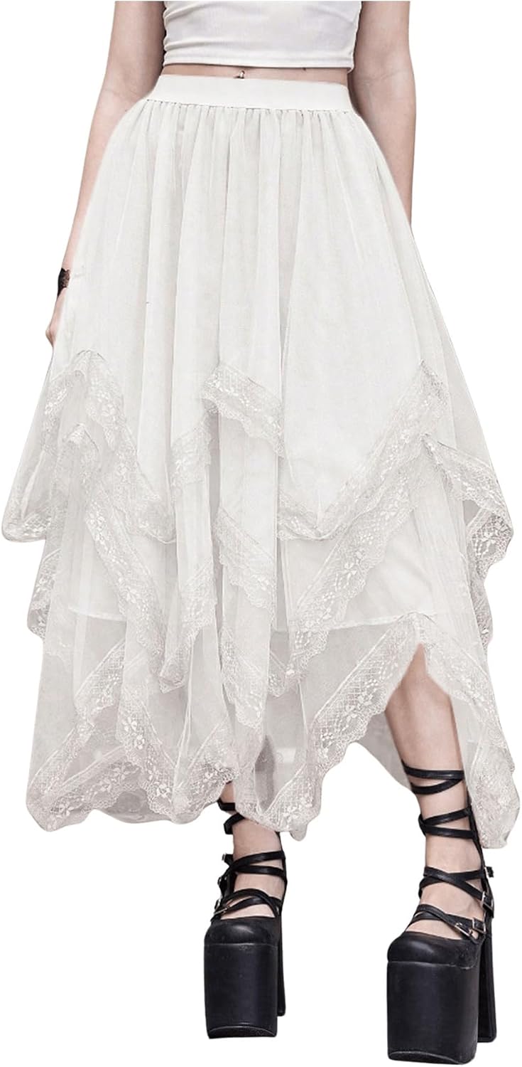 SHENHE Women's Lace Trim Layered Mesh Tulle Skirt Asymmetrical Goth Skirt