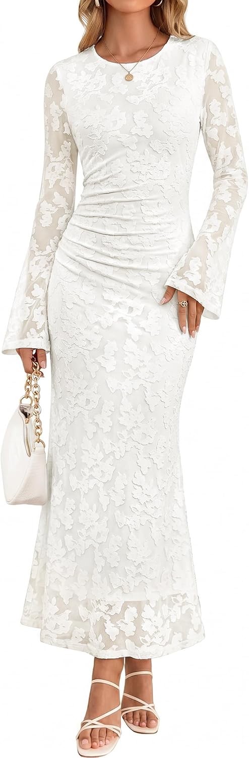 ZESICA Womens Long Sleeve Floral Fall Bodycon Ruched Mesh Maxi Formal Dress
