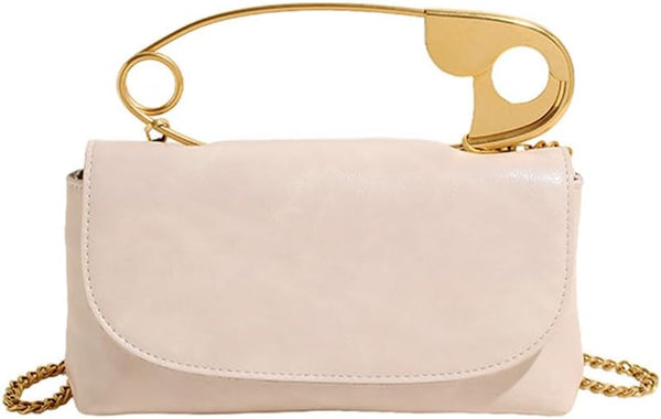 Women's Safety Pin Leather Crossbody Clutch with Gold Handles & Chain