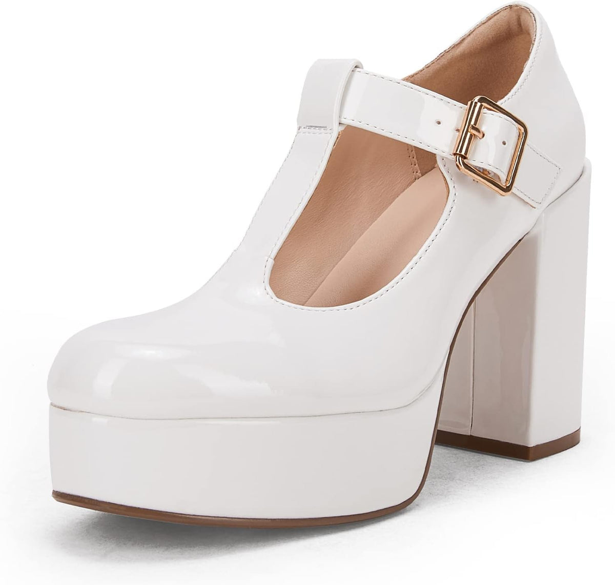 Coutgo Womens' T-Strap Round Toe Chunky Platform Heels Patent Mary Jane Dress Shoes