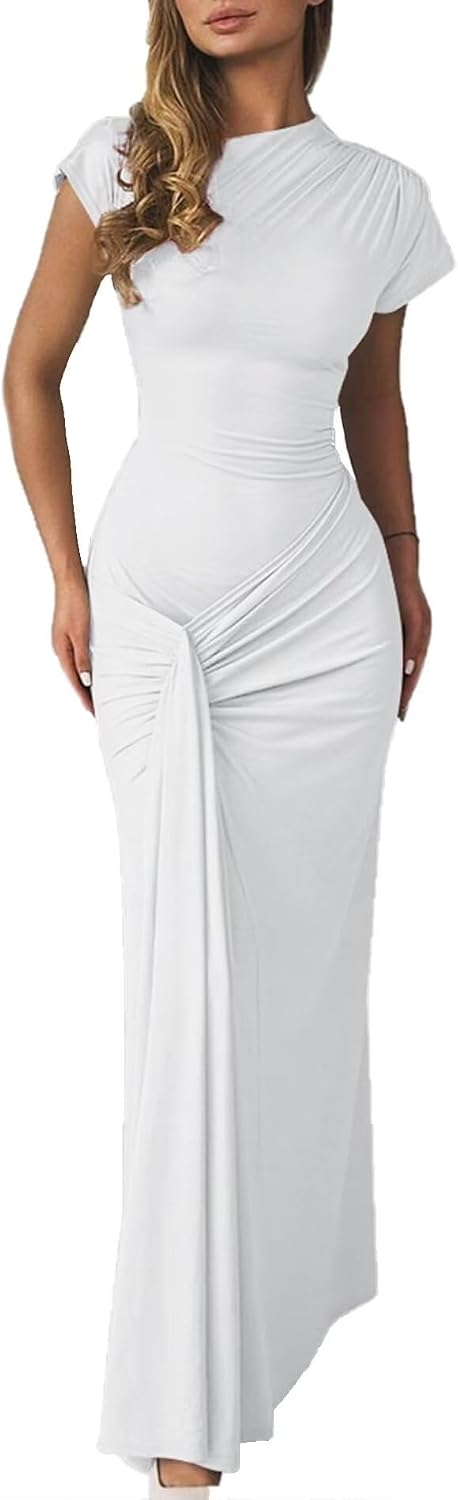 Mojessy Women Bodycon Maxi Dress Sexy Mock Neck Lace Up Bandage Ruched Short Sleeve Long Dress Cocktail Dress