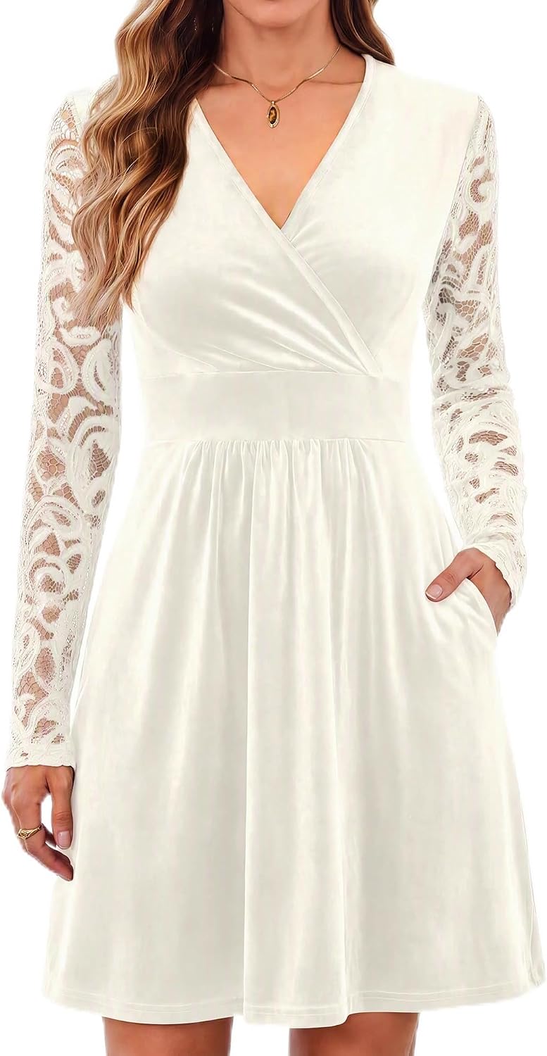 AUSELILY Velvet Dress for Women V Neck Lace Sleeve Wrap Dress