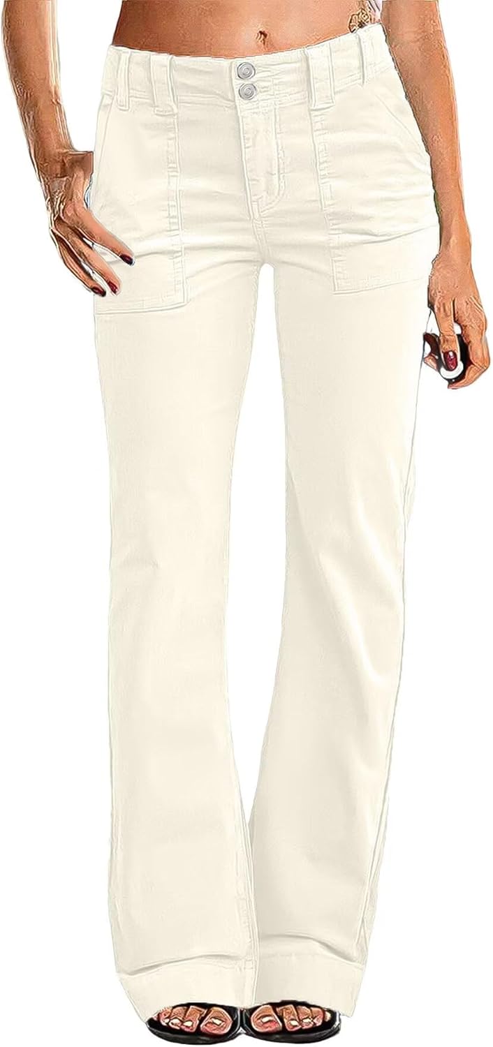 Women Mid Waist Dress Flare Straight Leg Corduroy Pants