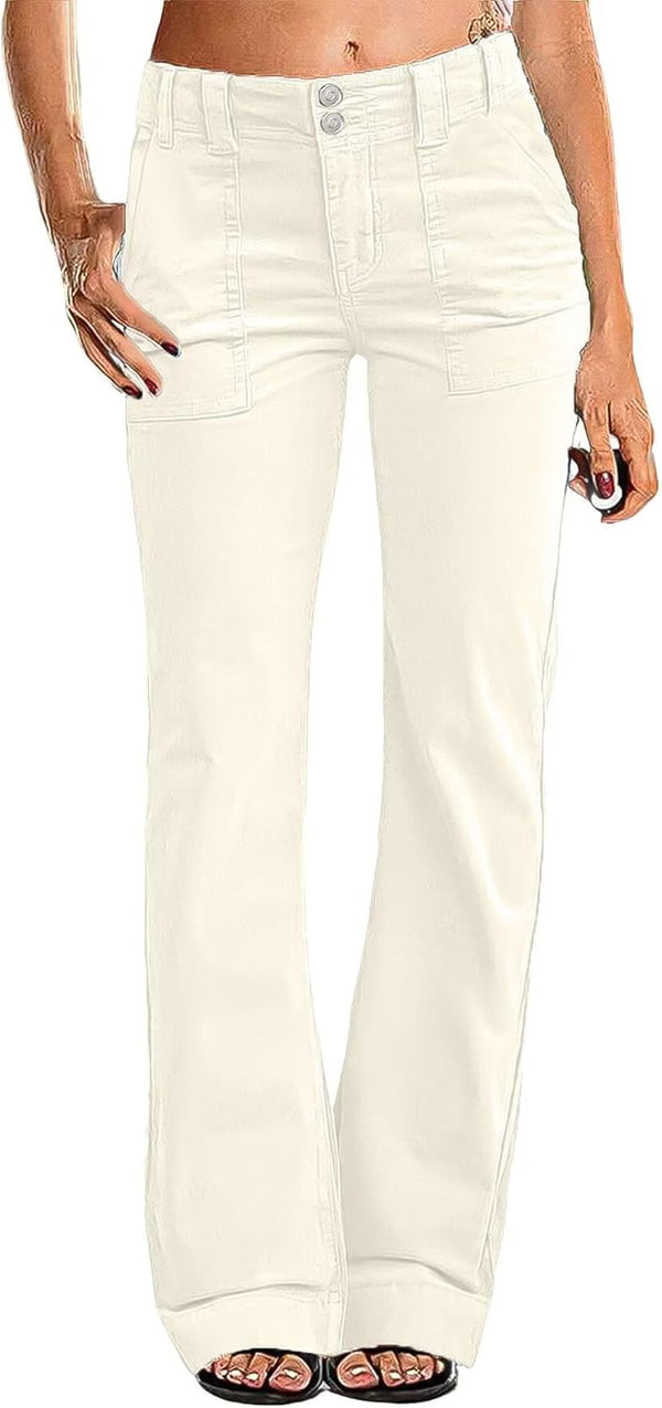 Women Mid Waist Dress Flare Straight Leg Corduroy Pants