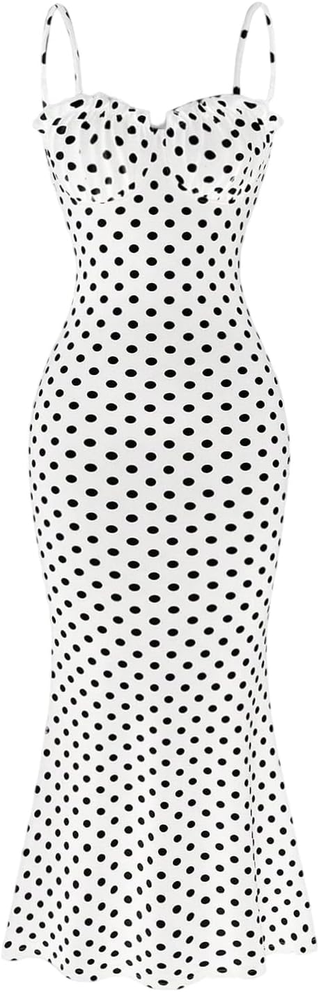 Milumia Women's Polka Dots Frill Trim Cami Dress Fishtail Maxi Dresses
