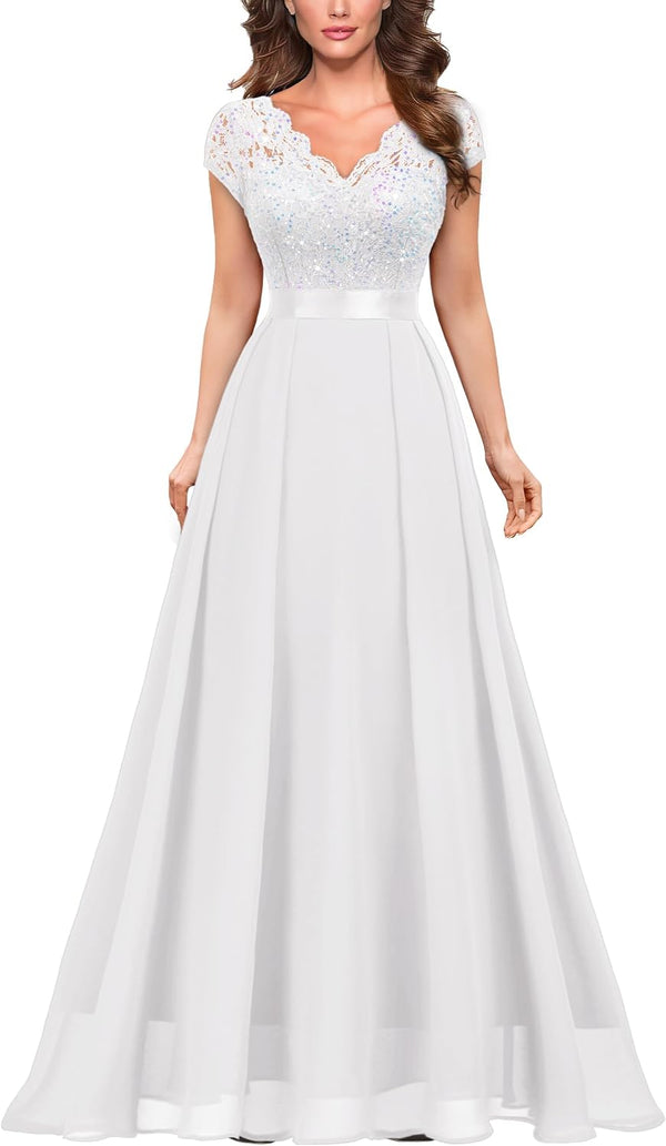 Miusol Women's V-Neck Sequined Floral Lace Formal Evening Maxi Dress