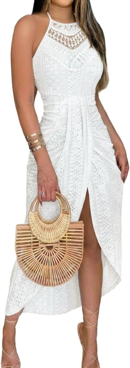 CHICME Womens Summer Halter Dress Hollow Out A Line Vacation Dress