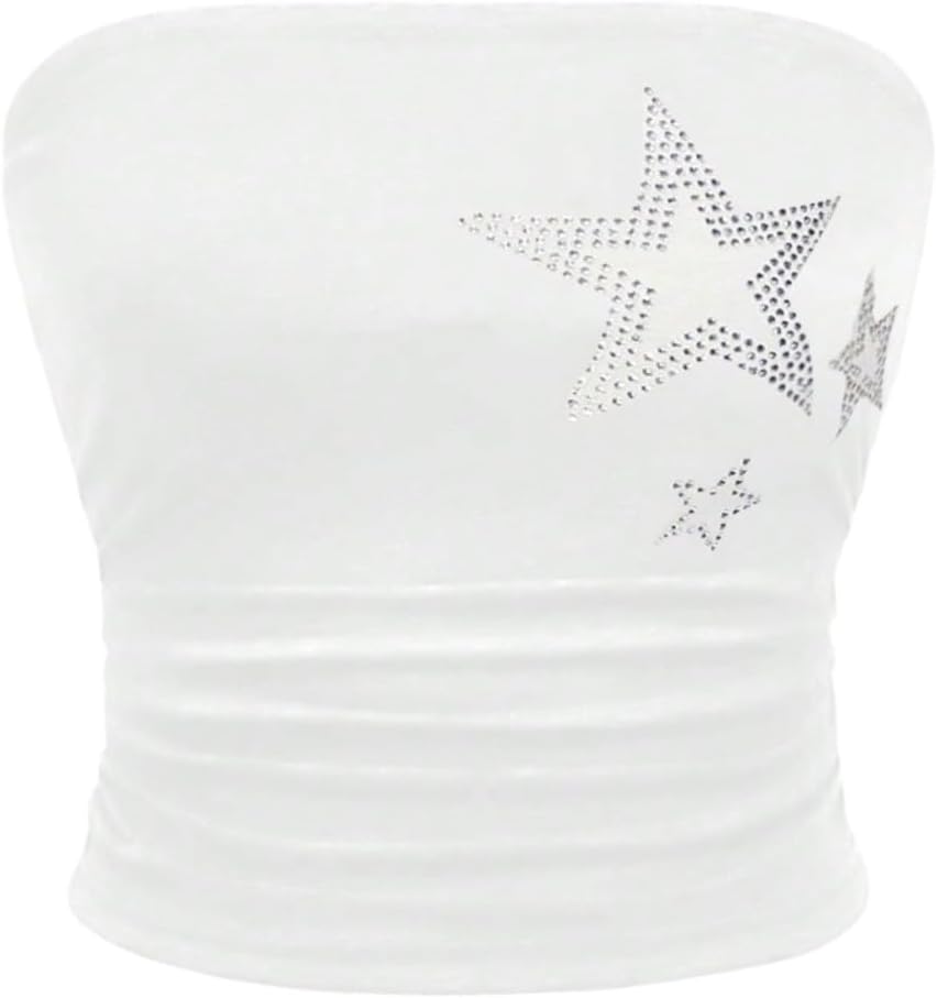 WDIRARA Women's Star Rhinestone Strapless Crop Tube Bandeau Top