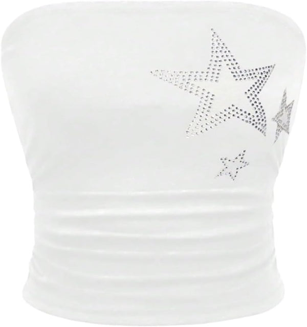 WDIRARA Women's Star Rhinestone Strapless Crop Tube Bandeau Top