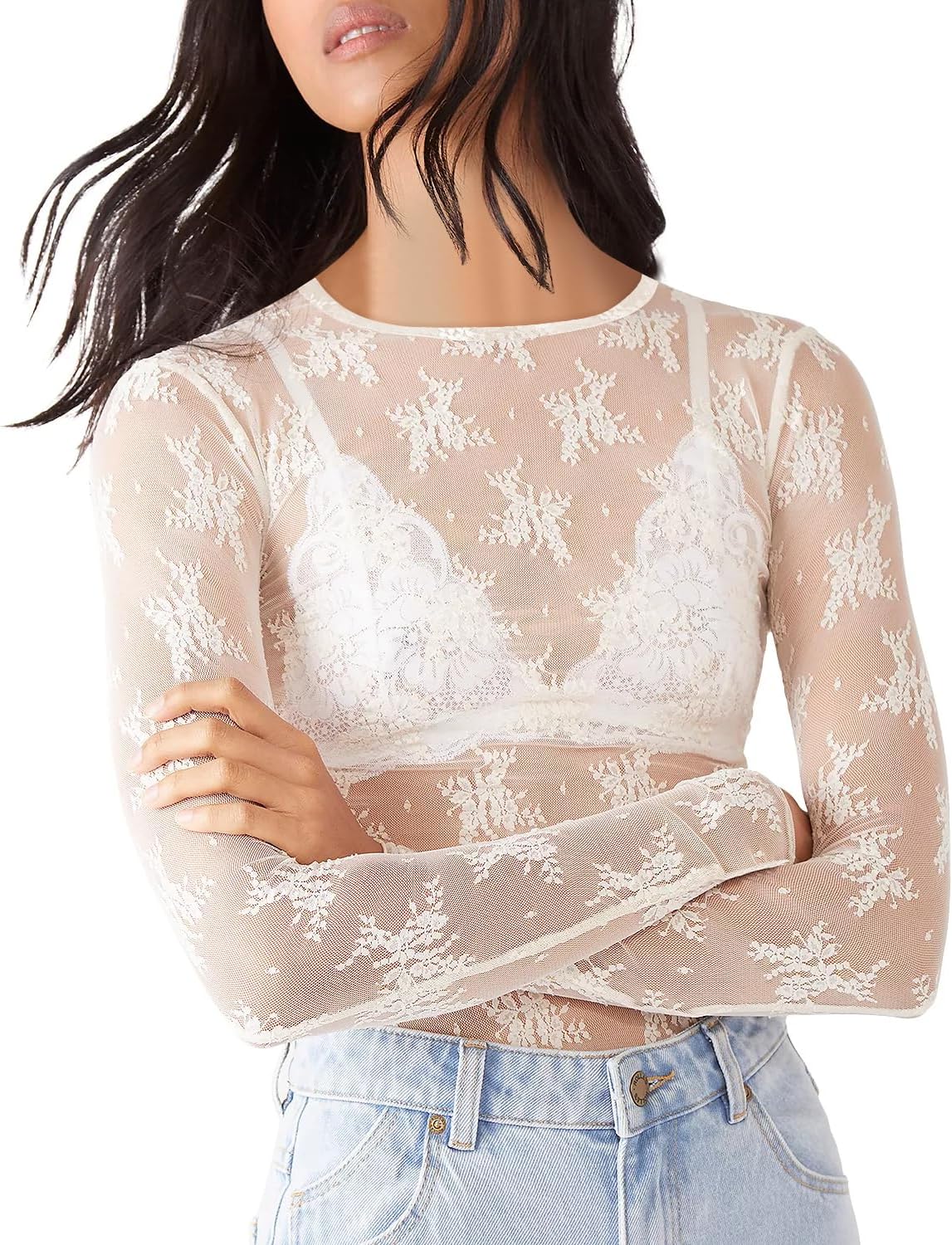 AKEWEI Womens Mesh Long Sleeve Tops Crew Neck Sexy See Through Tee Shirts Party Club Night Lace Blouse