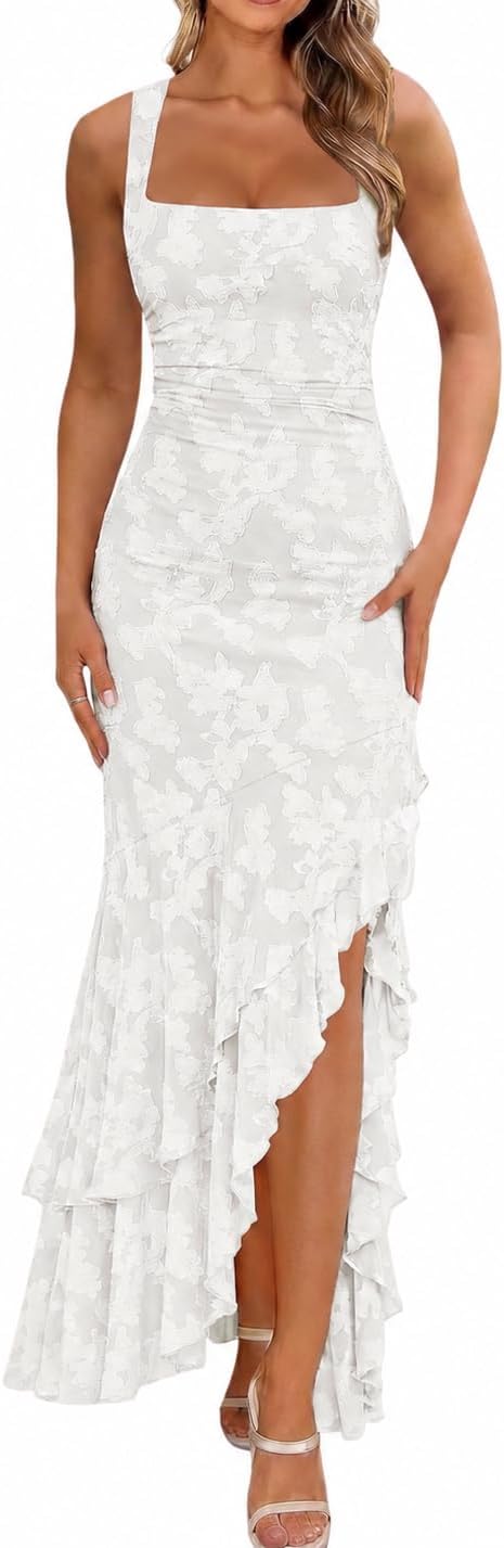 BORIFLORS Women's Elegant Ruched Floral Maxi Wedding Guest Dress