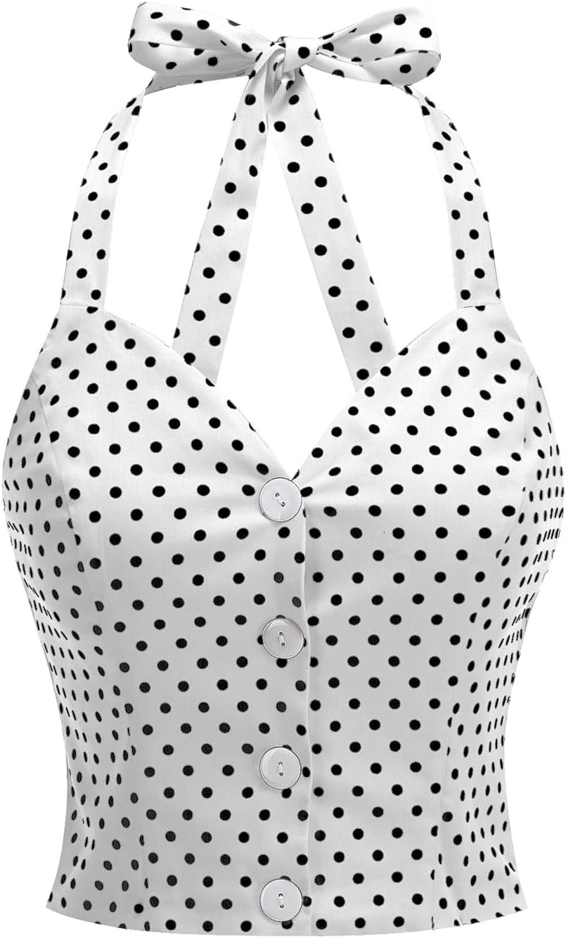 Vintage Tops for Women 1950s Polka Dot 50s Pin up Rockabilly Top Halter V Neck Pinup Retro Tops 50's Vintage Blouses Tank Top