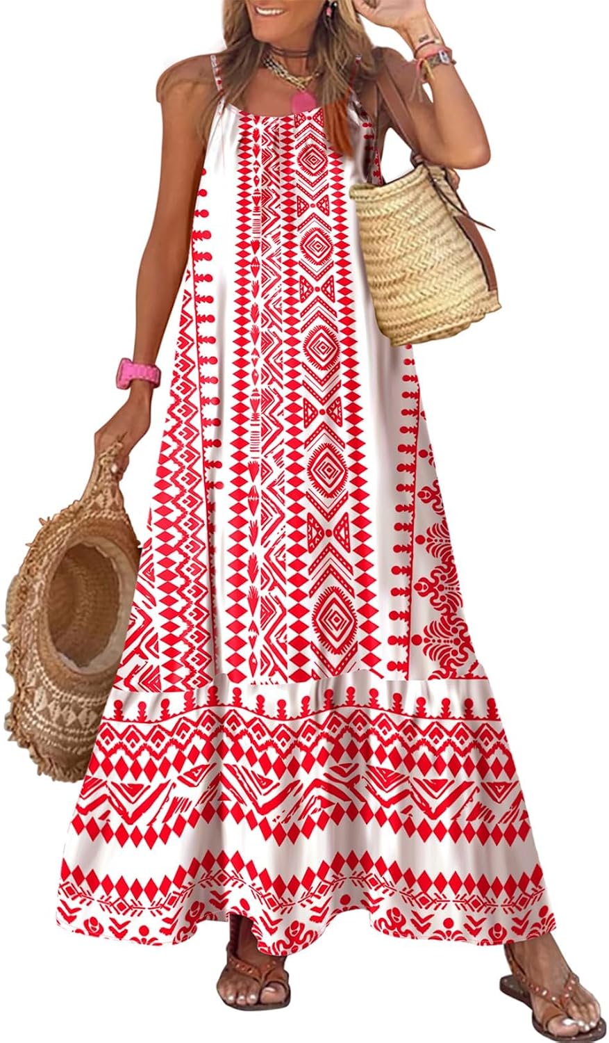 Dokotoo Women Summer Dresses Scoop Neck Ruffle Flowy Boho Maxi Dress