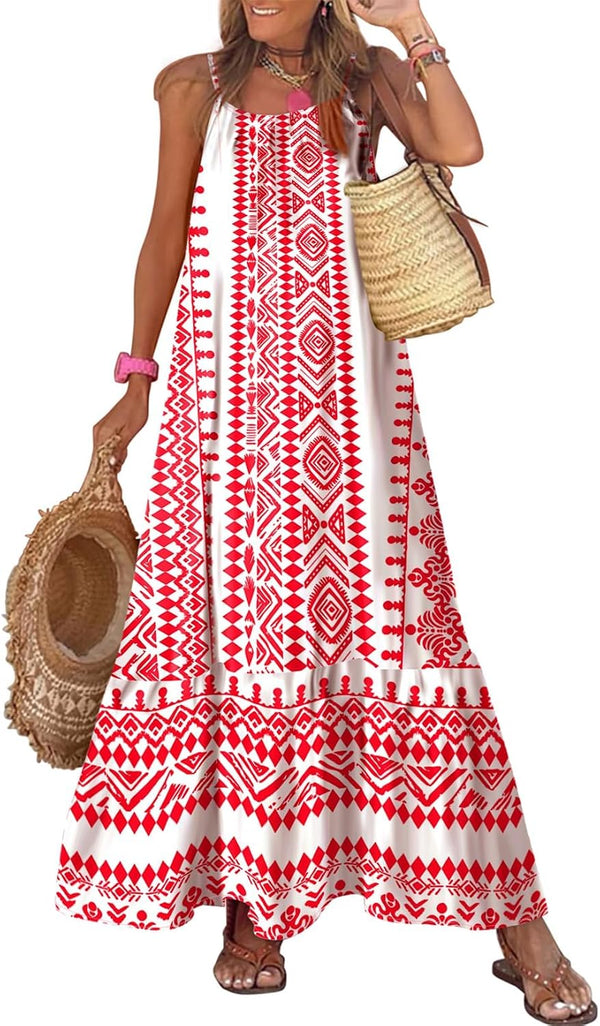 Dokotoo Women Summer Dresses Scoop Neck Ruffle Flowy Boho Maxi Dress