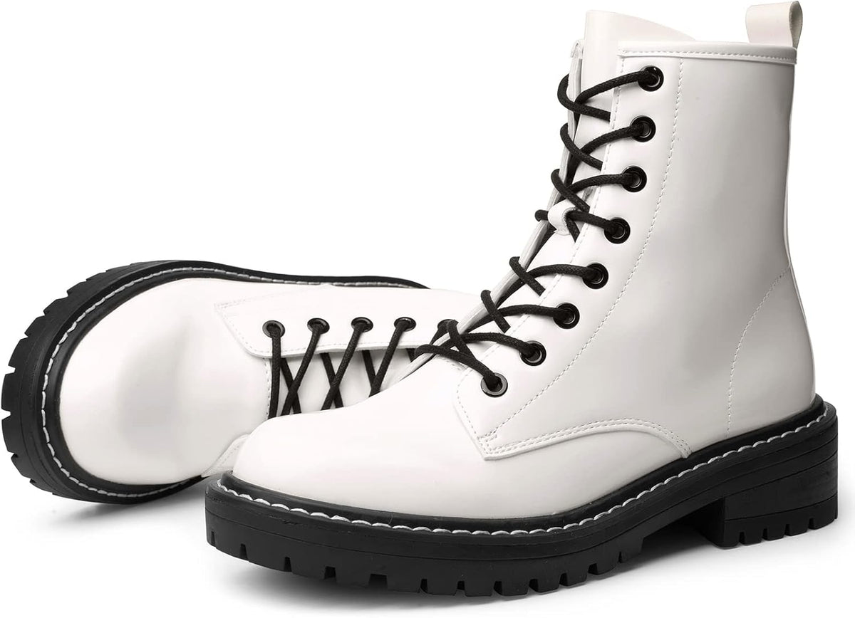 ICHIGO Women’s Ankle Booties 8-Eye Side Zipper Lace-up Combat Boots