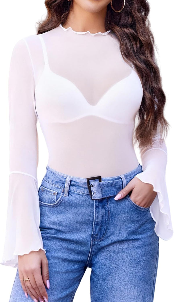 Mesh Tops for Women Long Bell Sleeve Blouses Going Out Shirt Sexy Outfits