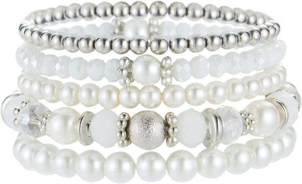 Noessla Beaded Pearl Stretch Bracelet Silver Stackable Crystal Beads Bracelets Trendy Costume Jewelry Mothers Day Gifts for Women