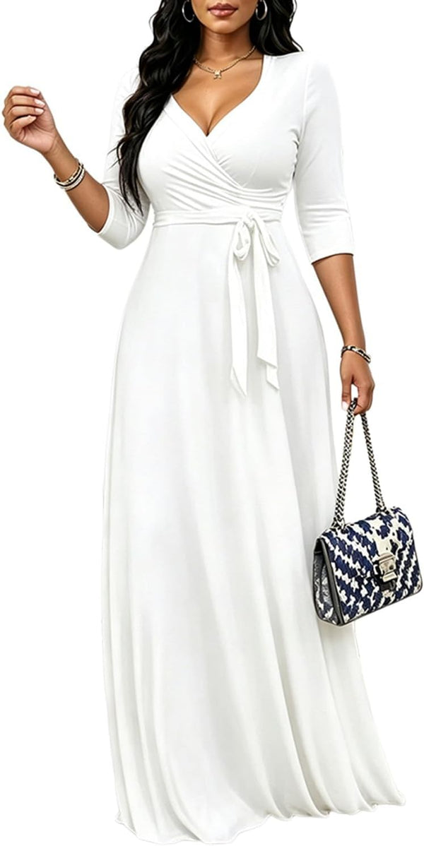 CaniBtr Maxi Dresses for Women Plus Size 3/4 Sleeve Long Dress with Belt