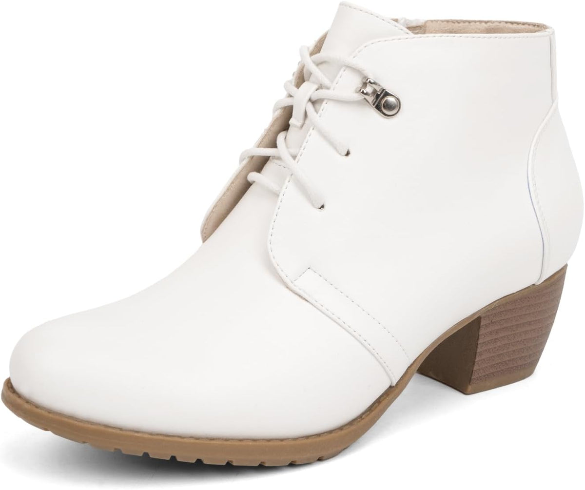 Women's Ankle Boots,Lace-up Round Toe Comfortable Low Heel Dress Booties with Side Zipper