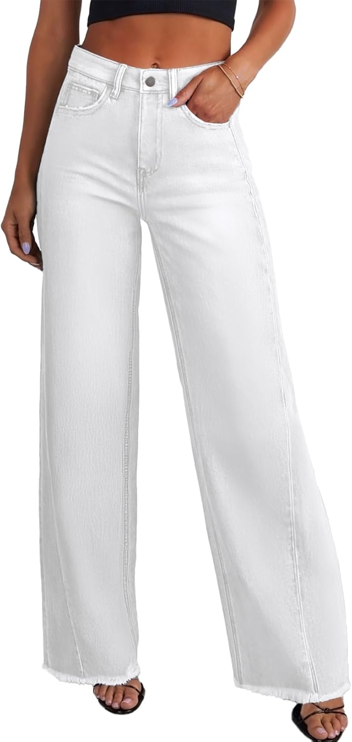 Sidefeel Women's Wide Leg Jeans High Waisted Stretchy Raw Hem