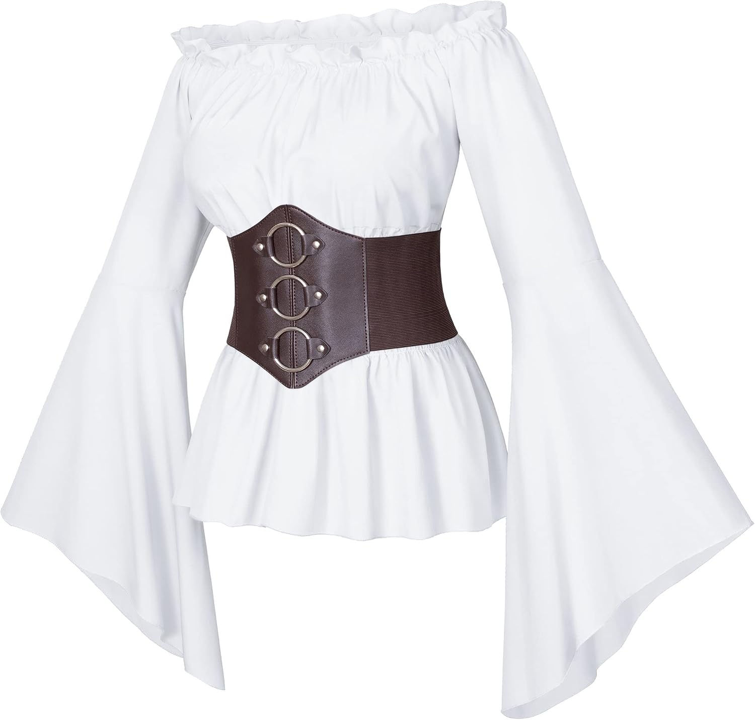 Womens Renaissance Victorian Peasant Ruffle Smocked Waist Boho Pirate Shirt Blouse with Belt Set Secondary image