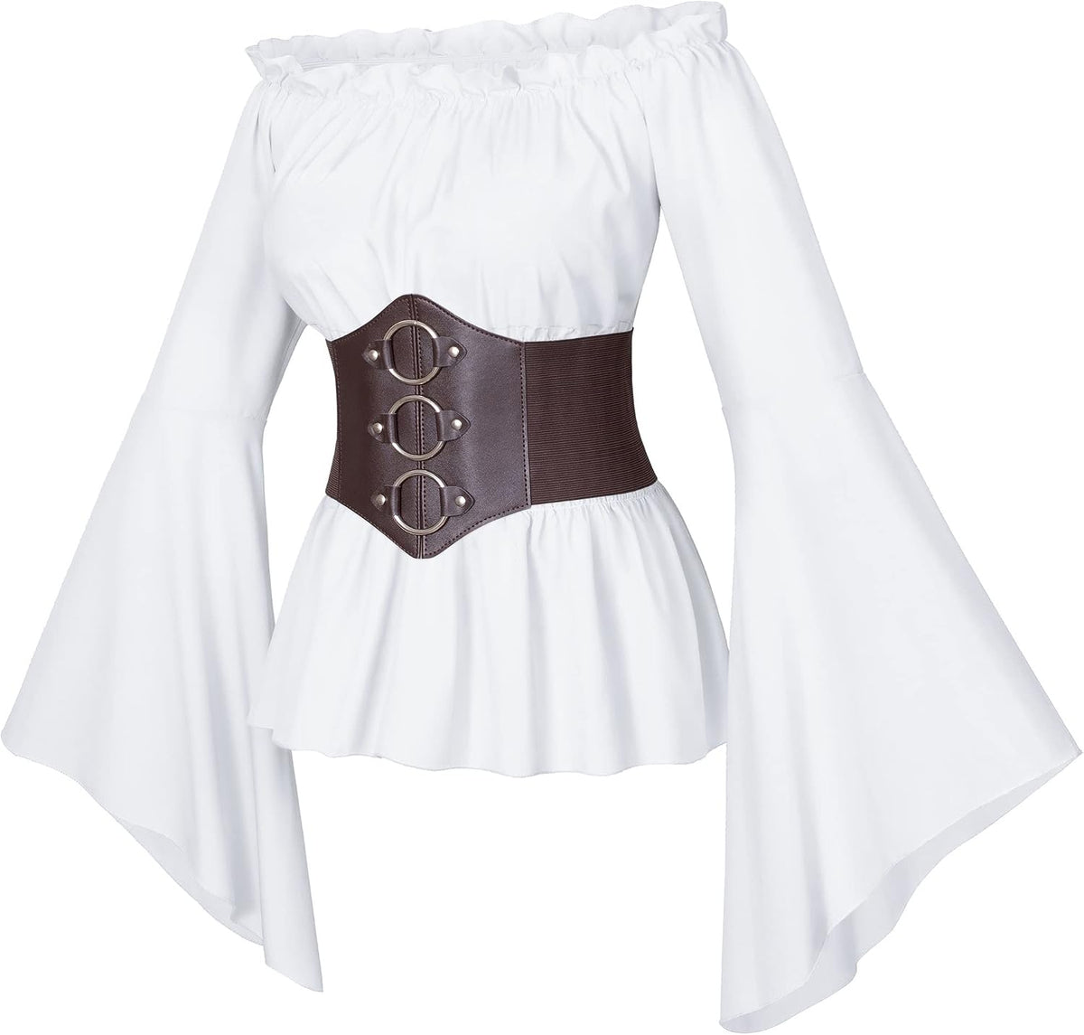 Womens Renaissance Victorian Peasant Ruffle Smocked Waist Boho Pirate Shirt Blouse with Belt Set