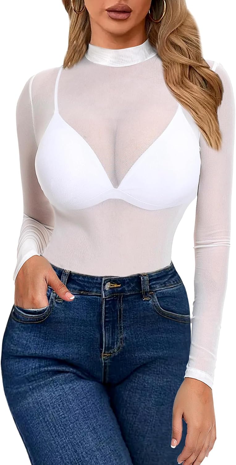 Mesh Top for Women Long Sleeve See Through Mesh Shirt Sheer Blouse Clubwear