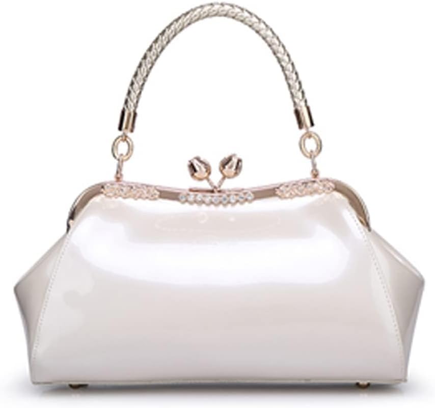 Glossy Patent Leather Evening Bag — Braided Handle Kiss Lock Handbag