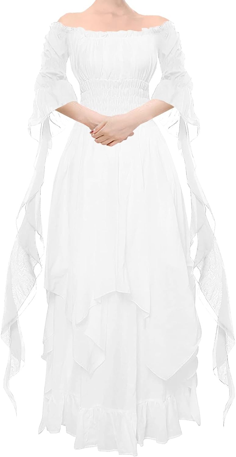 YEAXLUD Women's Victorian Dress Puff Sleeve Off Shoulder Ruffle Medieval Costume for Women Renaissance Dress