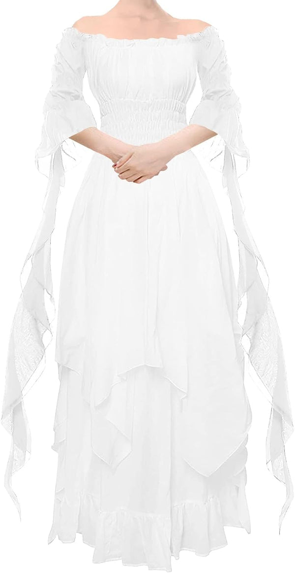 YEAXLUD Women's Victorian Dress Puff Sleeve Off Shoulder Ruffle Medieval Costume for Women Renaissance Dress