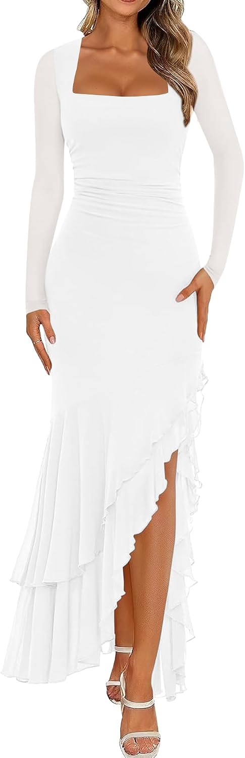 BORIFLORS Women's Bodycon Fall Wedding Guest Long Sleeve Maxi Dress