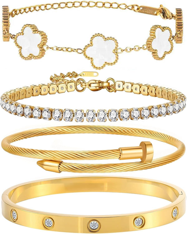 18K Gold Plated Bangle Bracelet Set for Women Stackable Lucky Floral Adjustable Tennis Bracelet Non Tarnish Gift Jewelry for Christmas Valentines Birthday Mother's Day