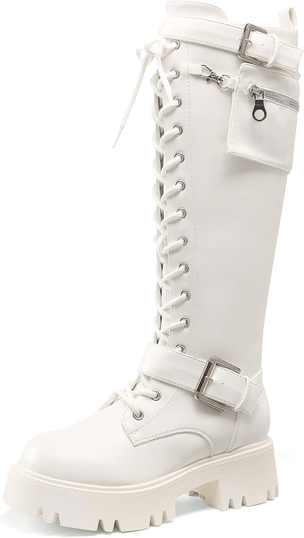 DREAM PAIRS Womens Knee High Combat Boots Platform Heels