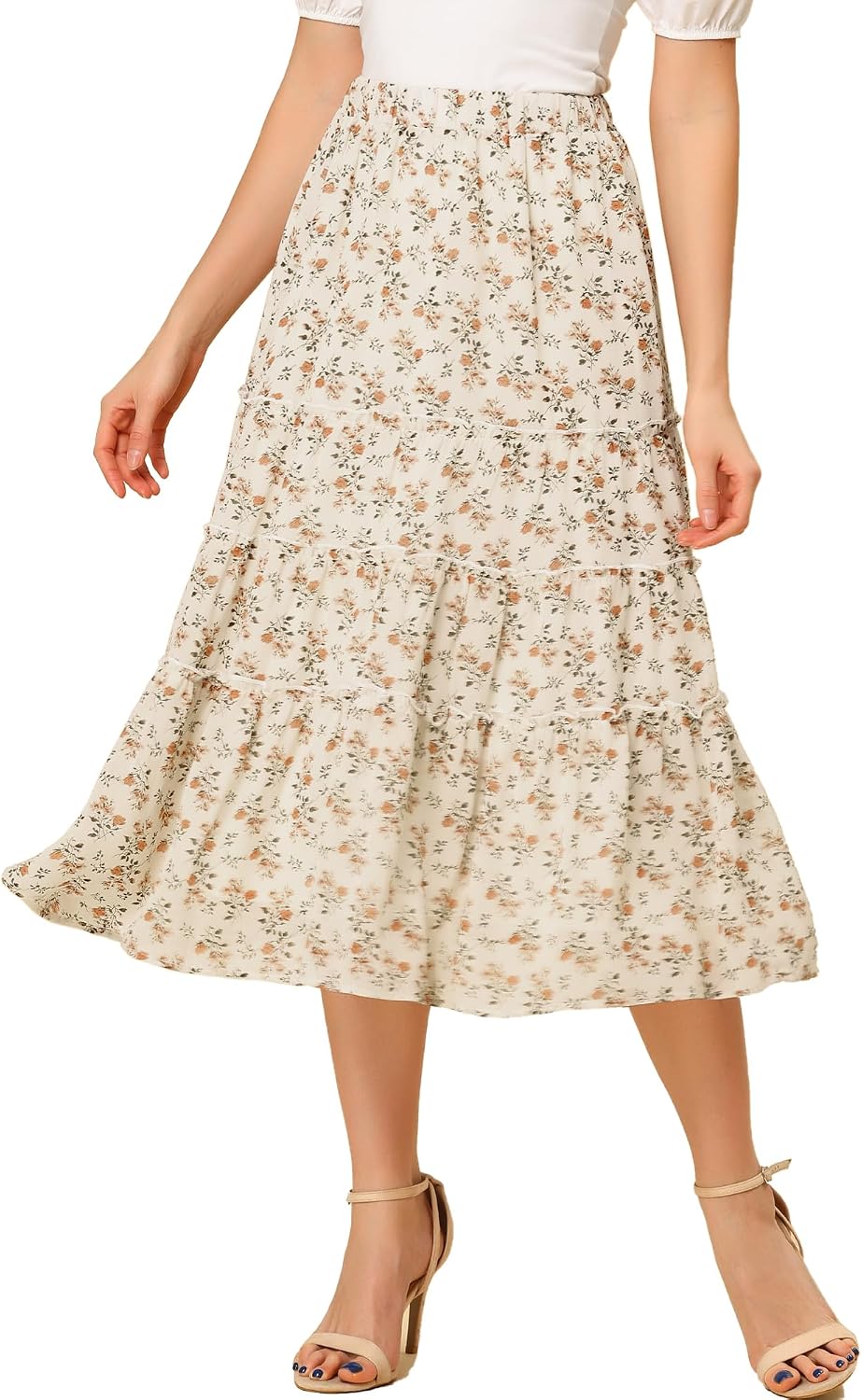 Allegra K Women's Floral Skirt Chiffon A-line Long Tiered Ruffle Maxi Skirt