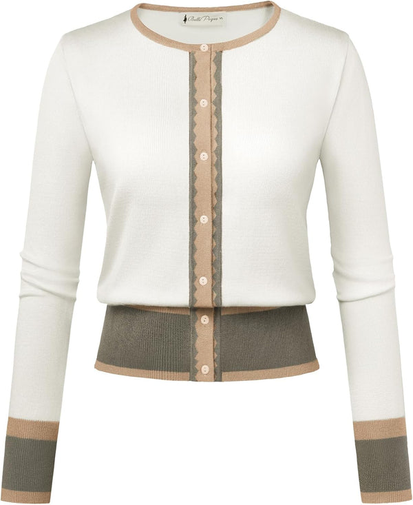 Women's Cardigan Sweater Color Block Long Sleeve Crew Neck Knit Cardigan Trendy Cropped Cardigan Shrug